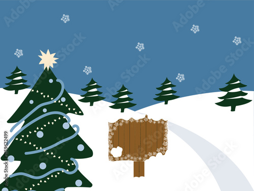 winter snowing landscape with trees and wooden board