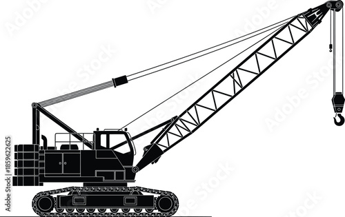 Crawler crane silhouette industrial construction machinery with lattice boom and hook isolated on white background heavy equipment vector illustration design