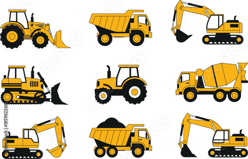 Construction machinery vehicles collection including excavator bulldozer dump truck loader tractor mixer isolated on white background industrial vector illustration set