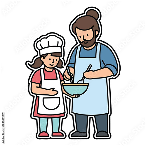 Father and daughter baking together wearing aprons and chef hats cooking kitchen