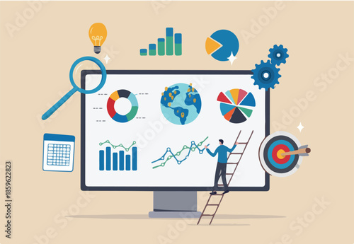 Data analytics, research or analysis graph and chart diagram, statistics report, datum or financial analysis, marketing for website, optimization concept, businessman analyze data on monitor screen. 