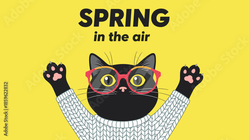 Funny black cat wearing pink glasses and a white knitted sweater with its paws up against a bright yellow spring background.