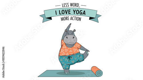 Funny hippopotamus character wearing a patterned shirt and shorts while practicing a yoga balance pose on a blue exercise mat.
