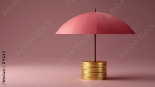 Wallpaper Mural Pink Umbrella on Gold Coins with Soft Pink Background, a Creative Concept Representing Savings, Protection, and Wealth Management Torontodigital.ca