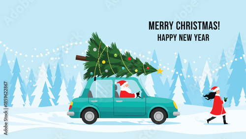 Santa claus driving a turquoise car with a christmas tree on the roof while a girl in a red suit runs through the snow.