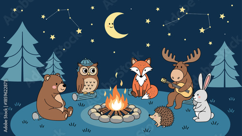 Cute forest animals sitting around a warm campfire at night under a crescent moon and stars in a peaceful pine woodland.
