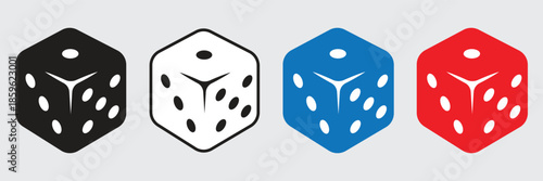 Dice Black And White Vector Illustration. Dices flat icon sets. Rolling dice. White roll cubes for gamble games, top view dice sides and falling 3D angles lucky craps. .poker gaming cube entertainment