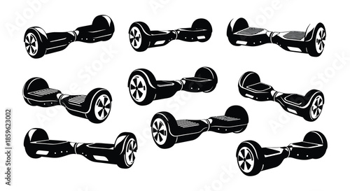 Collection of black self balancing scooters in various orientations and perspectives