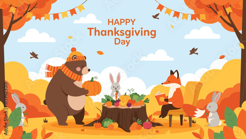 Forest animals gathering together for a happy thanksgiving day with pumpkins and vegetables in a colorful autumn wood.