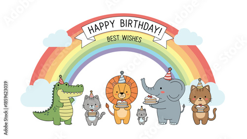 Happy birthday greeting card with cute cartoon animals including a crocodile and lion celebrating under a bright rainbow.