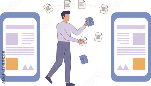Flat style illustration showing business person managing document flow between digital screens ideal for data transfer content management workflow automation technology and office use