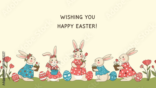 Group of cute easter bunnies wearing floral dresses and holding baskets of spring flowers and decorated eggs in a meadow.