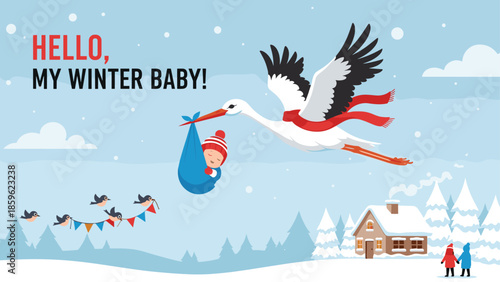 Large white stork carrying a newborn baby in a blue bundle over a peaceful snowy winter village during the holiday season.