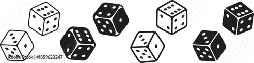 Dice Black And White Vector Illustration. Dices flat icon sets. Rolling dice. White roll cubes for gamble games, top view dice sides and falling 3D angles lucky craps. .poker gaming cube entertainment
