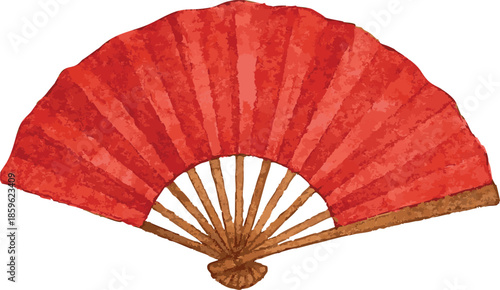 Vector realistic watercolor illustration of a red hand fan