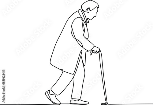 Elderly person walking with a cane on a straight line