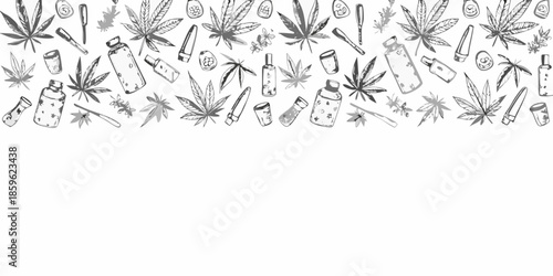 Cannabis leaves oils and accessories in a sketched repeating pattern