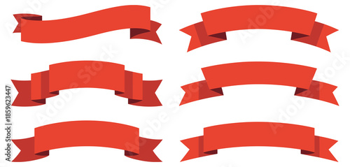 Red banner ribbons featuring six versatile ribbon shapes for graphic design projects, promotional layouts, sale labels