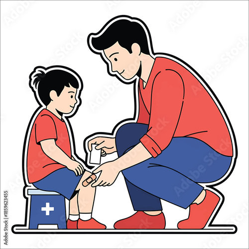 Father applying bandage to child's knee on a white background vector illustration