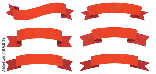 Red banner ribbons featuring six versatile ribbon shapes for graphic design projects, promotional layouts, sale labels