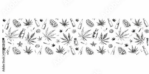 Black and white botanical illustration featuring tropical fruits leaves and bottles
