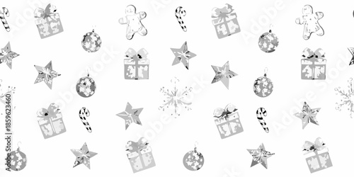 Festive christmas ornaments and snowflake patterns scattered on a white background