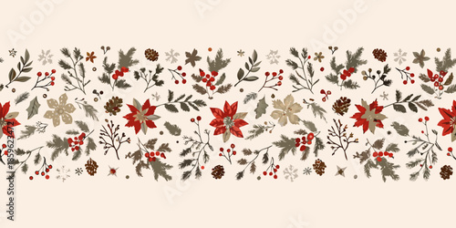 A seamless botanical christmas pattern with poinsettias berries and pinecones