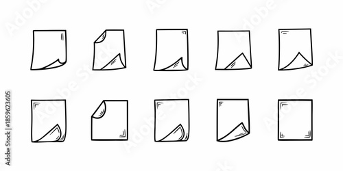 A series of hand drawn rectangular shapes with corner folds illustrated in black ink
