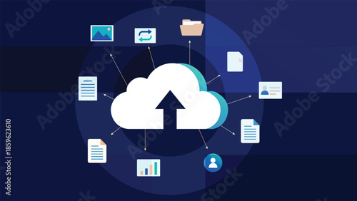 Modern cloud storage illustration showing file upload sharing sync and data management across devices ideal for technology business software security backup and online services