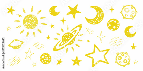 Whimsical yellow sketch of planets moons stars and a shining sun
