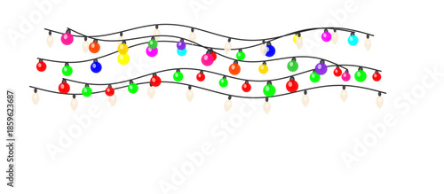 Festive string lights garland with colorful bulbs isolated on transparent background for holiday decor