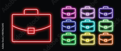 Set of colorful neon briefcase icons on black background