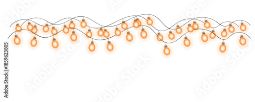 Glowing orange string lights border isolated on transparent background for halloween party decor