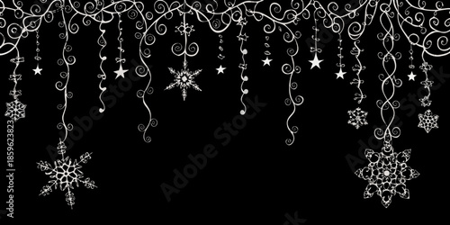 Delicate white swirls and snowflakes cascade against a dark solid background
