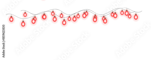 Glowing red berries string lights border isolated on transparent background for holiday design