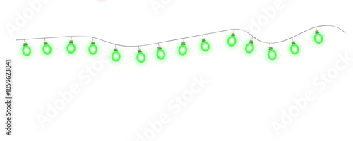 Glowing green christmas lights string isolated on transparent background for holiday decoration