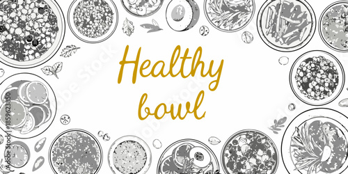 An artistic arrangement of sketched food bowls and citrus slices