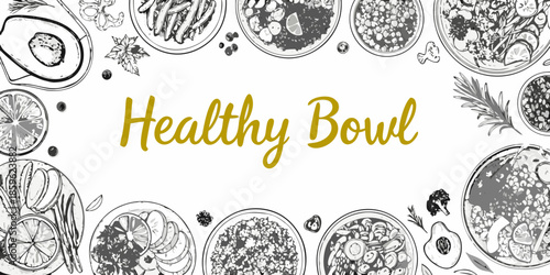 A collection of healthy food illustrations including avocados citrus and bowls