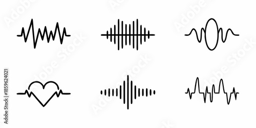 Collection of various waveform and heartbeat line art illustrations on white