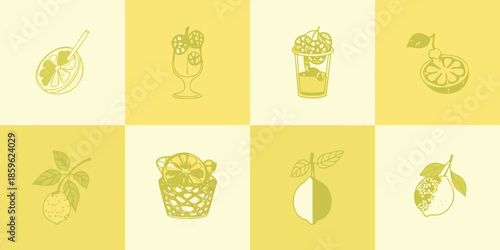A collection of refreshing summer drinks and citrus fruit illustrations in yellow tones