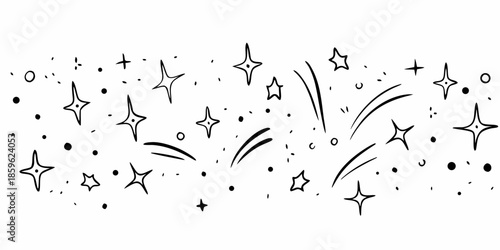 A whimsical sketch of sparkling stars and shooting star trails in black and white