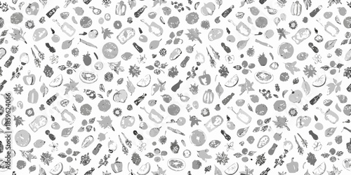 A chaotic sketch of various fruits vegetables and food items in monochrome