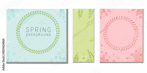 Three pastel colored backgrounds with floral wreaths and spring text design