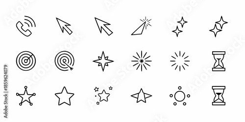 Collection of various black and white line icons cursors stars and symbols