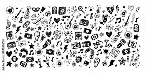 A whimsical doodle collection featuring musical instruments stars and pop culture icons