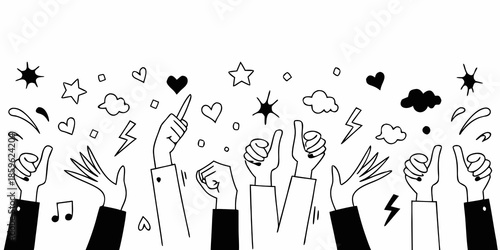 A celebratory scene featuring raised hands stars hearts and lightning bolts