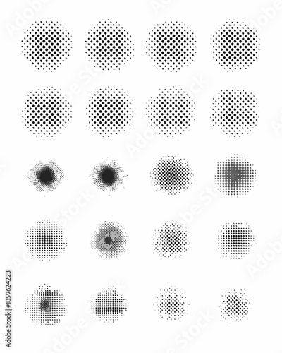 Arrangement of dotted circles in varying densities and sizes on a white background