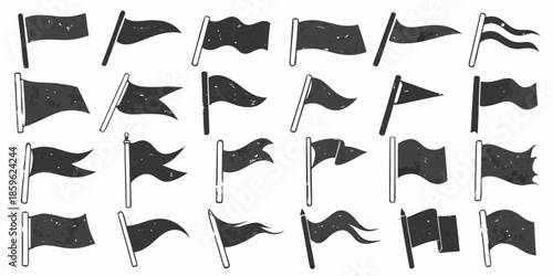 A collection of black flags waving in various directions a simple graphic