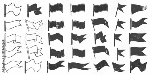 Collection of waving black flags in various shapes and orientations