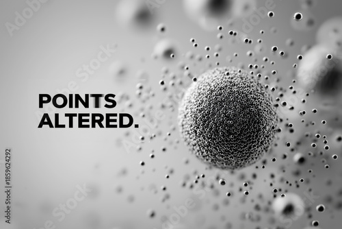 Abstract particle ball dispersing black and white science data